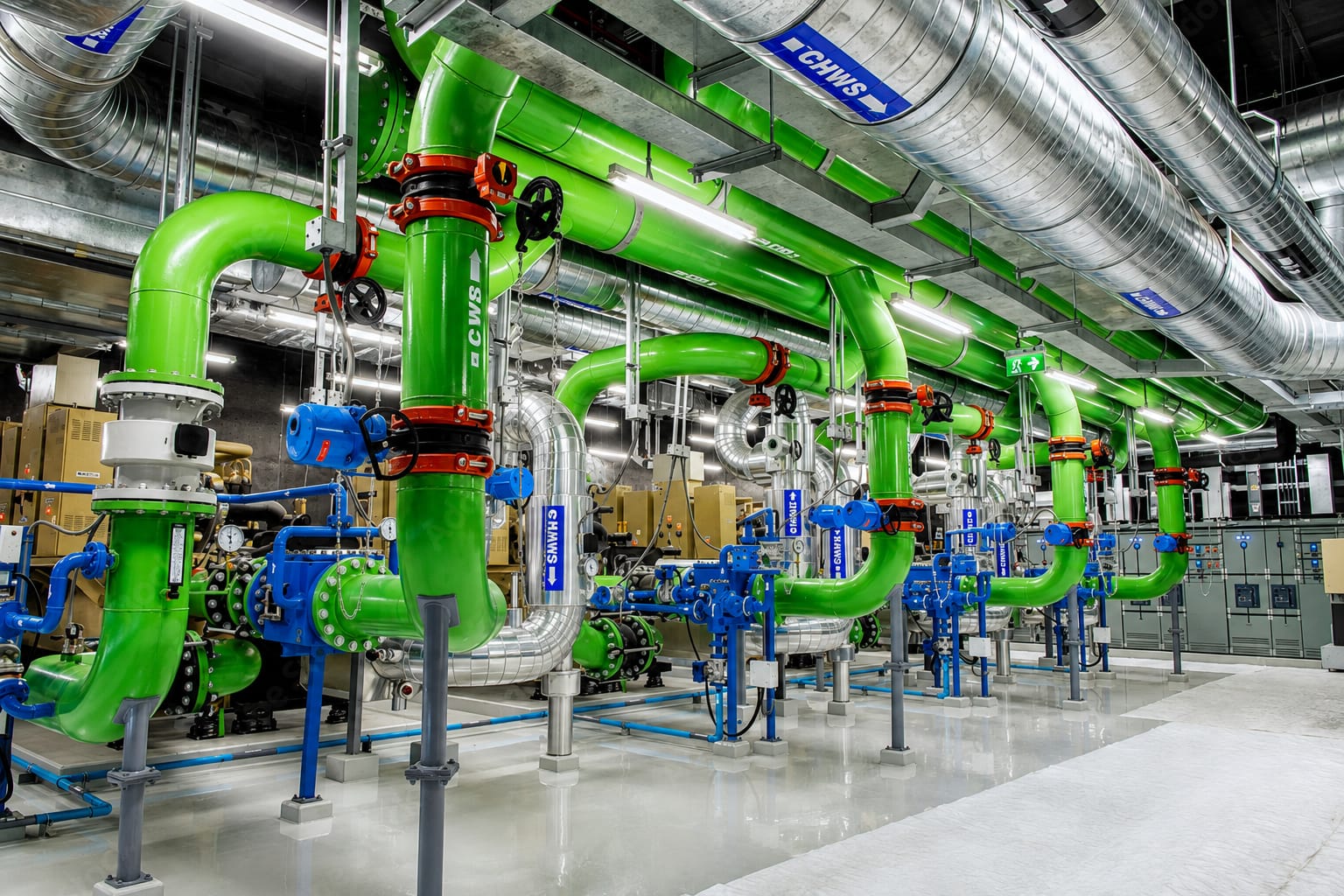 Chilled water piping in a mechanical plant room